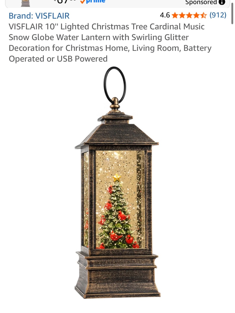 Gold Lantern Snow Globe with Red-Accented Christmas Tree